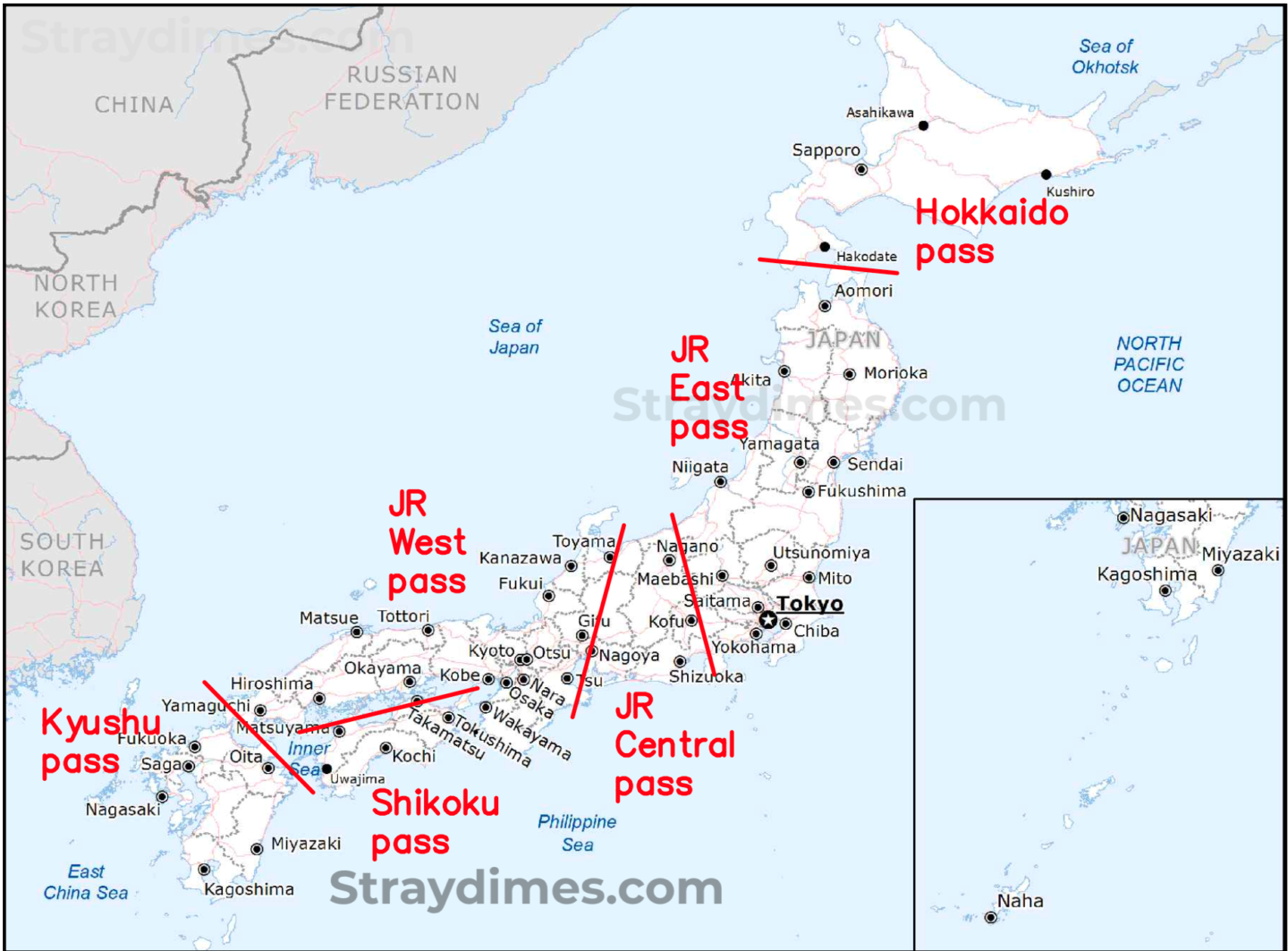 Map of Alternatives to the JR Passes, the regional JR Passes